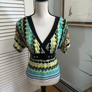 Vintage MISS BISOU Top Womens Medium Mod Print Babydoll Plunging Neck Retro Y2K